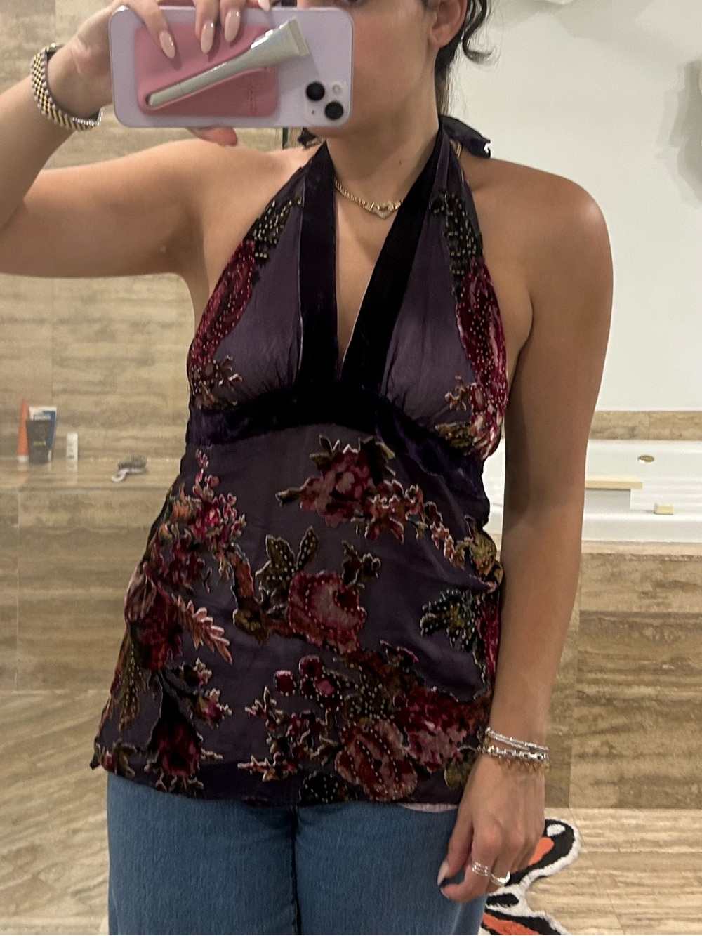 HaleBob Lavender and Burgundy Velvet Floral Halter Top - Picture 7 of 8